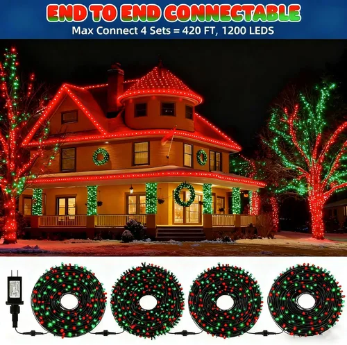 Vista 5 de MZD8391 300 luces LED rojas y verdes de 105 pies, luces de Navidad para interiores y exteriores, luces de árbol de Navidad, decoraciones de fiesta