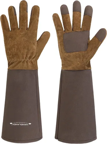 Vista 24 de HANDLANDY Guantes de poda largos para hombres y mujeres, de piel de cerdo, guantes de jardinería de rosas, guantes transpirables y duraderos