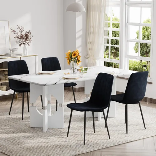 Vista 18 de Moderno juego de mesa rectangular para 4, mesa grande de mármol sintético gris de 71 pulgadas con base de metal con marco hueco, y 4 sillas