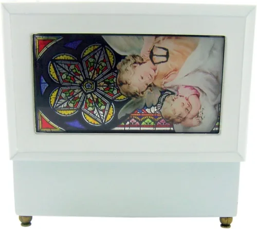 Vista 3 de Joyero musical de madera blanca de cristal de cristal religioso católico, 6 1/2 pulgadas