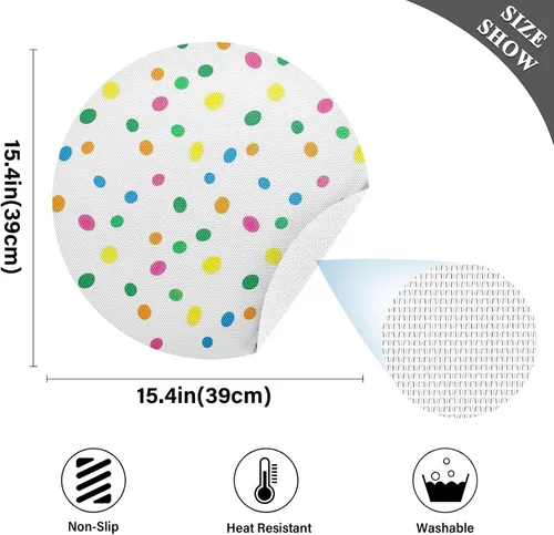 Vista 4 de Colorful Polka Dots White Round Placemat, Non Slip Heat Resistant Mats for Kitchen one sizex6