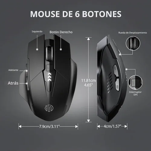 Vista 6 de INPHIC - Ratón inalámbrico recargable, batería visible, 2400 DPI, 6 botones, ratón grande ergonómico para portátil, computadora, Mac, PC, etc.