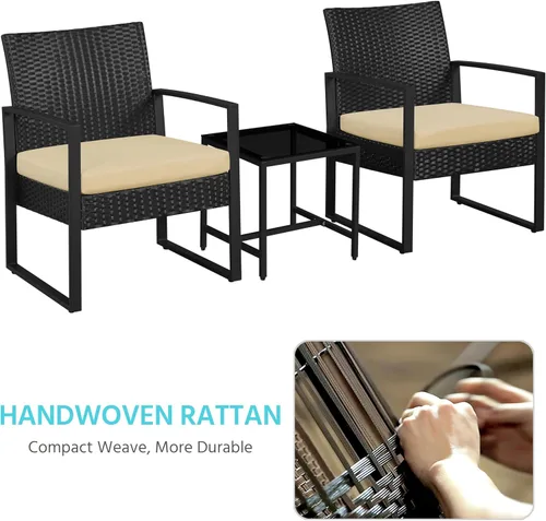Vista 4 de YAHEETECH - muebles de patio conjuntos para interior o al aire libre. de mimbre moderno, juego de mesa auxiliar bistró, 3 piezas Negro/Caqui
