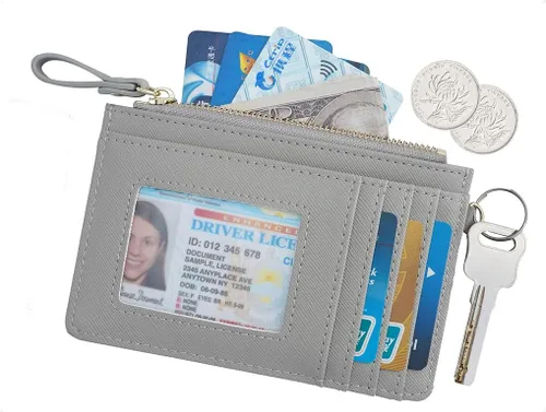 Vista 2 de Aiyo Nice Funda delgada para tarjetas RFID para mujer, cartera con cremallera, cartera de piel pequeña, monedero con llavero