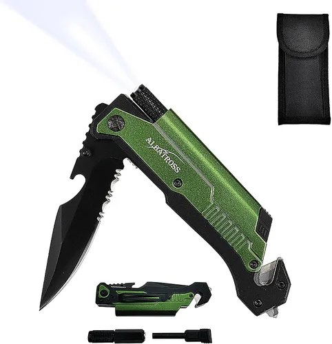 Vista 13 de Cuchillo táctico de supervivencia 7 en 1 - Rompe cristales, cortador de cinturón, hoja de acero serrada, encendedor, linterna LED, abridor