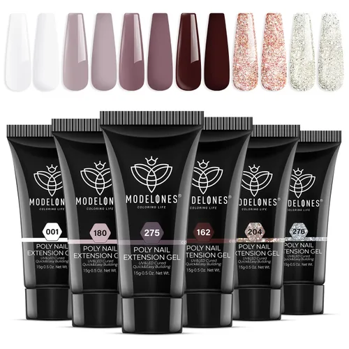 Vista 8 de modelones Juego de Gel de Uñas Poli, 6 Colores Colección Roja Popular Vino Burdeos Brillante con Purpurina Gel de Extensión Poli Rojo Sangre Oscuro