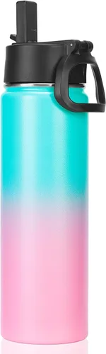 Vista 37 de Neihepal Botellas de agua aisladas de 22 onzas con tapa con popote a prueba de fugas, botella de agua de acero inoxidable de doble pared de boca
