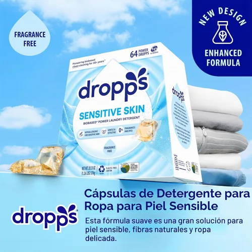 Vista 2 de Dropps Cápsulas de detergente para ropa de piel sensible, sin perfume (64 unidades) - Hipoalergénico y probado por dermatólogos Libre
