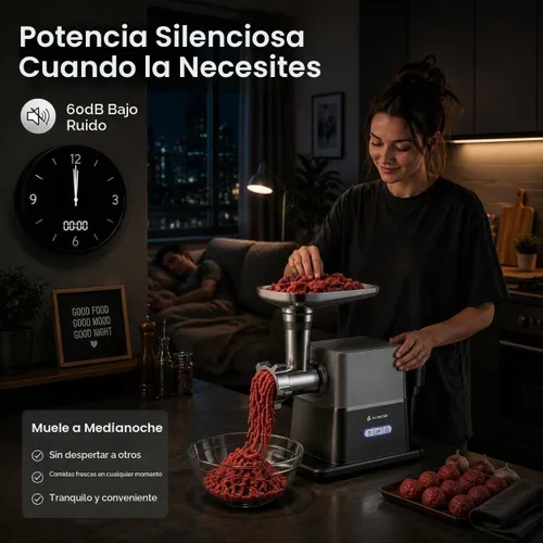 Vista 2 de Molinillo de carne silencioso actualizado 2026 con motor eléctrico de CC de 3000 W máximo, inversa automática, 3 velocidades, máquina de salchichas