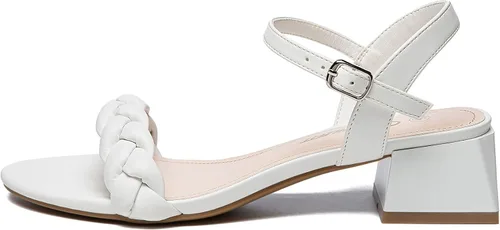 Vista 2 de Athlefit Sandalias trenzadas de tacón bajo para mujer, puntera abierta, correa en el tobillo, tacón grueso, zapatos de tacón grueso para vestir