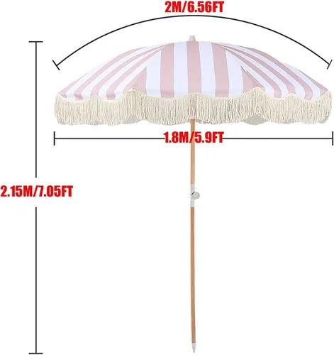 Vista 5 de CHEVVY Sombrilla de rayas blancas y rosadas de 6.6 ft, sombrilla de poliéster para exteriores con flecos, poste de madera de playa, orientable 78.7