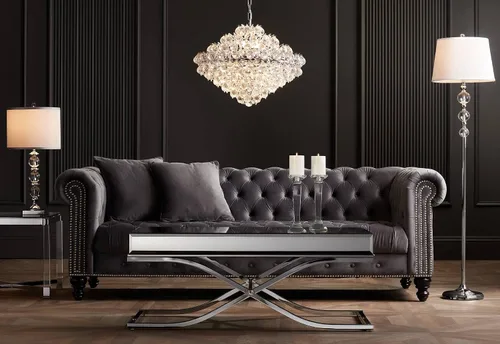 Vista 6 de Studio 55D Jenna Moderna mesa decorativa cuadrada de acrílico transparente de 22 pulgadas de ancho con parte superior de cristal plateado cromado
