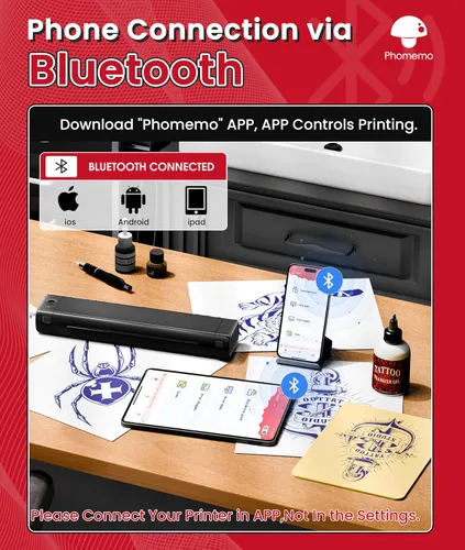 Vista 3 de Phomemo Impresora de plantilla de tatuaje, impresora térmica inalámbrica M08F con 10 piezas de papel de transferencia, compatible