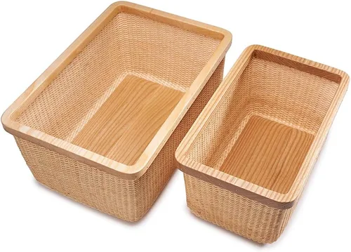 Vista 4 de Nantucket - Cesta de ratán y madera maciza, decoración del hogar para sala de estar, cesta de almacenamiento moderna, caja de joyería cuadrada Kit