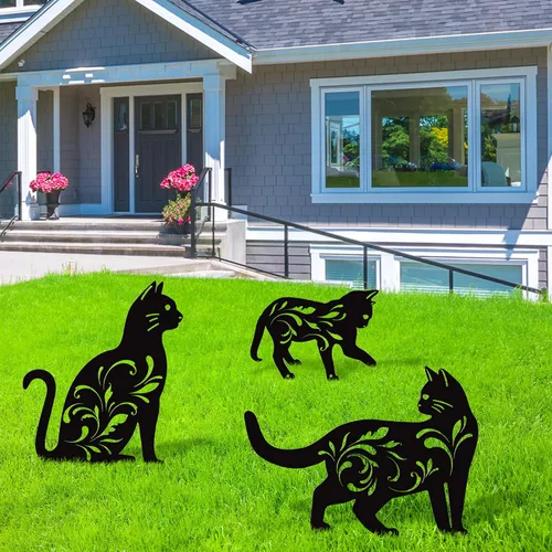 Vista 5 de URATOT Paquete de 3 estatuas de jardín de metal para gatos, silueta de gato negro, estacas decorativas para jardín al aire libre, estatuas