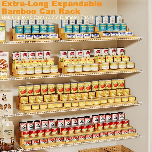 Vista 2 de Estante para latas de bambú extensible extra largo de 3 niveles para despensa, organizador de latas de despensa ajustable, gran capacidad