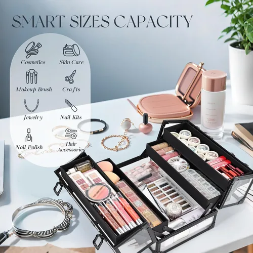 Vista 2 de FRENESSA Estuche de maquillaje portátil para cosméticos, caja organizadora de artículos de tocador, estuche de acrílico transparente para artistas