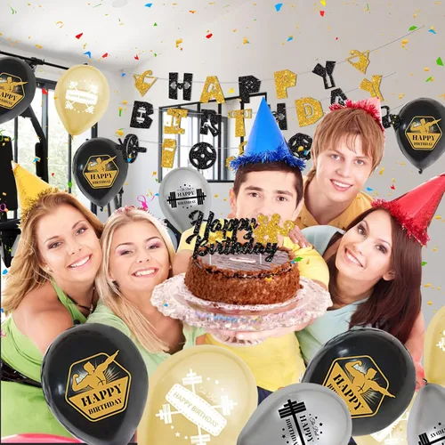 Vista 6 de KEFAN Decoraciones de fiesta de cumpleaños de gimnasio, suministros de fiesta temática de fitness negro y dorado con globos de látex, decoración