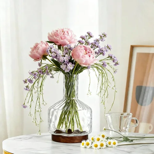 Vista 6 de Jarrón de vidrio para flores, jarrones de flores ondulados con base de madera, jarrón transparente de 10 pulgadas para flores de tallo largo o ramo