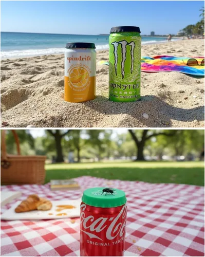 Vista 3 de Tapas reutilizables de silicona para latas de soda (paquete de 6) – Fundas para latas de bebidas al aire libre, viajes y uso diario (aventura)