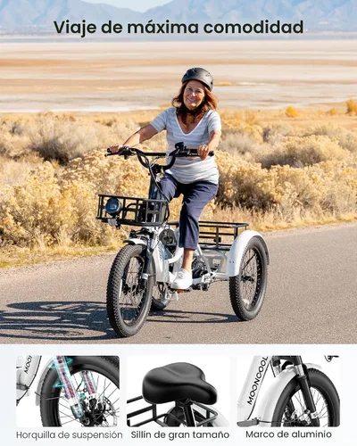 Vista 3 de MOONCOOL Triciclo eléctrico para adultos, 500 W/750 W 48 V, triciclo eléctrico plegable de potencia máxima 1100 W, neumático grueso de 20 x 3.0