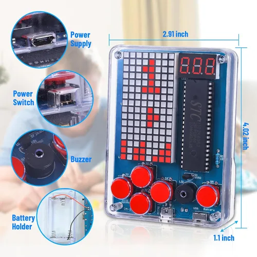 Vista 5 de PEMENOL Kit de soldadura de juego de bricolaje para principiantes, 4 juegos retro, proyecto de electrónica STEM con brillo ajustable, interruptor