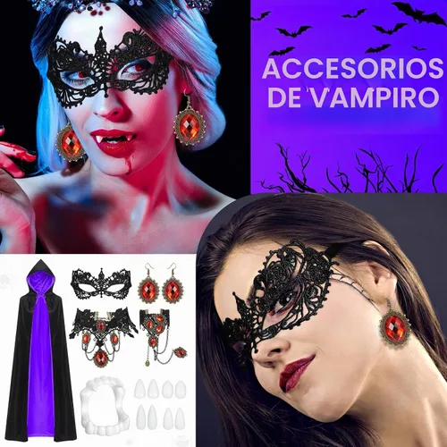 Vista 6 de Ramede Juego de 14 piezas de disfraz de vampiro de Halloween con capucha, máscara, aretes, gargantilla, pulseras de tatuaje, colmillos de cicatriz