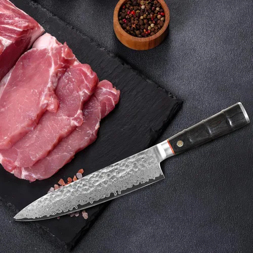 Vista 8 de Cuchillo de chef japonés profesional de 8 pulgadas, afilado de 67 capas Damasco VG-10 con núcleo de acero, cuchillo de cocina martillado con mango