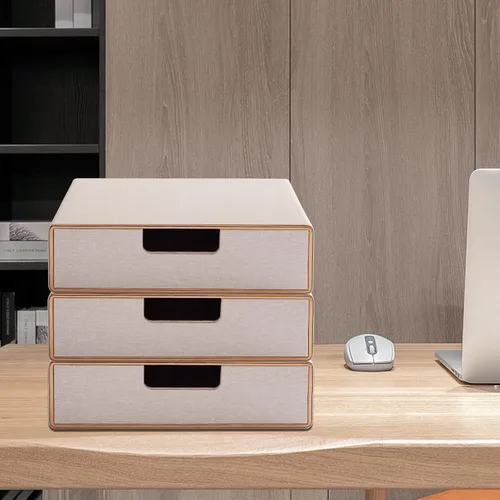 Vista 4 de Organizador de cajones apilable de piel sintética clásica hecha a mano, organiza accesorios de escritorio de oficina en casa y clasifica papel Beige