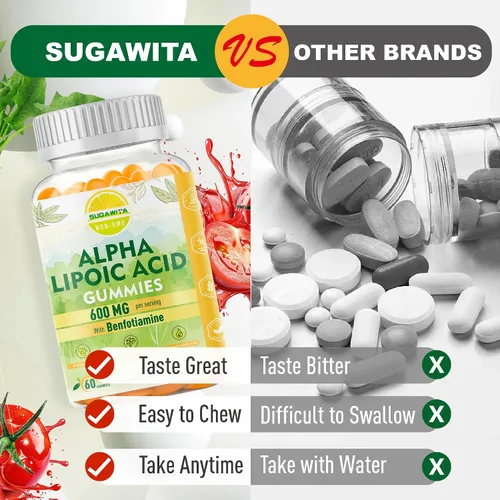 Vista 7 de Ácido R-alfa lipoico puro de 600 mg con benfotiamina para apoyo nervioso, apoyo antioxidante, suplemento ALA Gomitas de ácido alfa lipoico