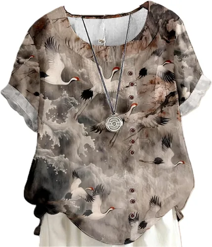 Vista 20 de domirica Flower Bird Printed Loose Boho Shirts Women Plus Size Summer Crew Neck Short Sleeve Blouses Colorido