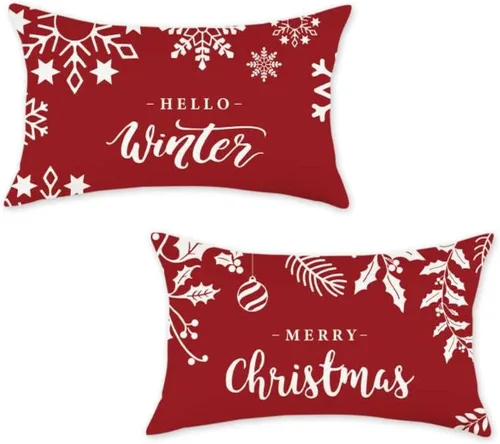 Vista 7 de ONWAY Juego de 2 fundas de almohada de Navidad de 18 x 18 pulgadas, decoraciones rojas de Feliz Navidad, copos de nieve de invierno para exteriores