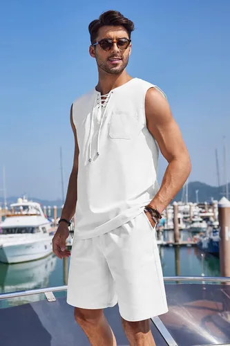 Vista 3 de COOFANDY Mens Coordinated Outfit Linen Drawstring Tank Tops Casual Elastic Waist Shorts Set