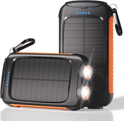 Vista 10 de Banco de energía solar de 20000 mAh, cargador portátil negro con salidas USB-C y USB-A, batería de reserva de emergencia, linterna LED, para iPhone