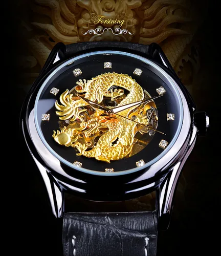 Vista 2 de FORSINING Reloj mecánico de pulsera automático para hombre, diseño de dragón dorado, esfera tallada de lujo, mecánico, impermeable, para hombre