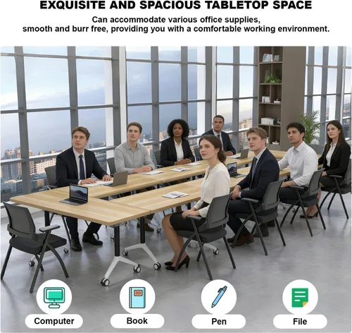 Vista 7 de Mesa de conferencias con tapa abatible, mesa modular plegable para sala de conferencias con ruedas, mesa de sala de reuniones con ruedas, mesa Hoja
