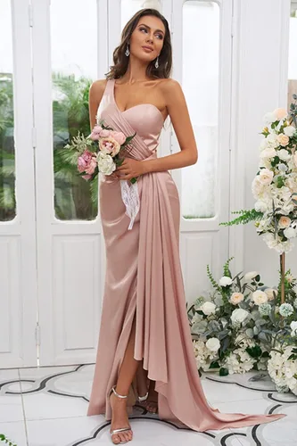 Vista 5 de WaterDress Vestido de dama de honor de satén de un hombro largo para mujeres sin mangas fruncido vestido formal con abertura WD089