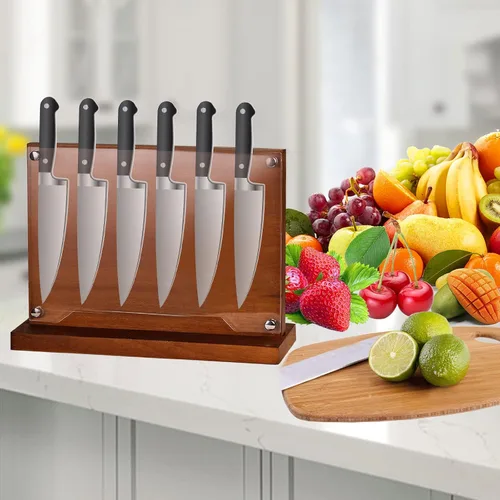 Vista 7 de Bloque magnético para cuchillos con escudo acrílico, soporte para cuchillos de cocina de doble cara sin cuchillo, soportes de madera para cuchillos