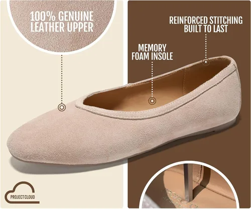 Vista 2 de Project Cloud 100% Cuero Genuino Ballet Flats para Mujer - Zapatos de Mujer Beige Suede