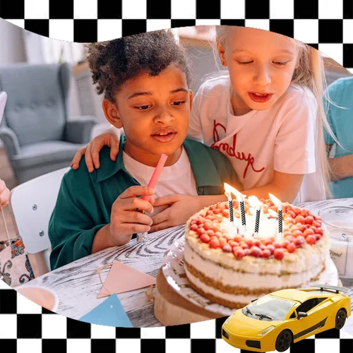 Vista 5 de 12 velas de bengala de cumpleaños con temática de autos de carreras, bandera a cuadros en blanco y negro, velas para pastel de cumpleaños