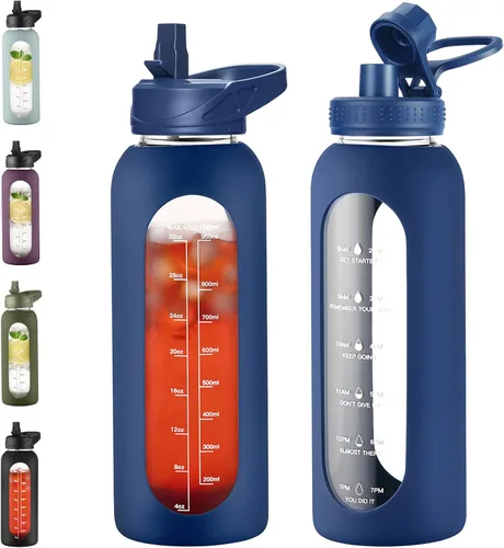 Vista 28 de EALGRO Botella de agua de vidrio de 32 onzas con popote y asa, frasco de agua motivacional deportivo con funda de silicona, taza grande a prueba