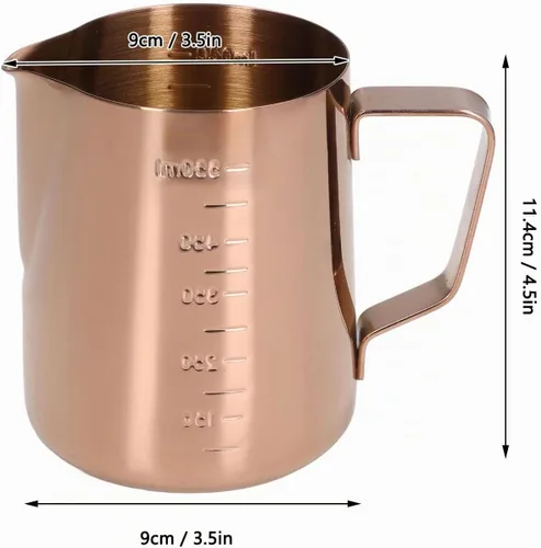 Vista 2 de Taza de espuma, jarra de leche de café 550ML con escala Jarra de vapor de acero inoxidable de oro rosa