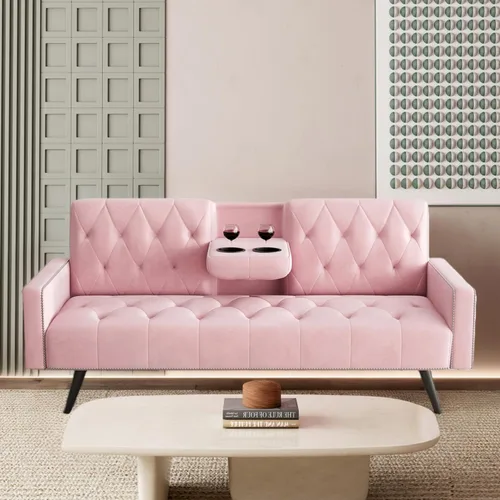 Vista 16 de Sofá Cama Futón de Terciopelo Moderno 2 en 1, Sofá Cama Plegable Convertible con 2 Almohadas, Loveseat Reclinable Acolchado de 63" con Patas de Beige