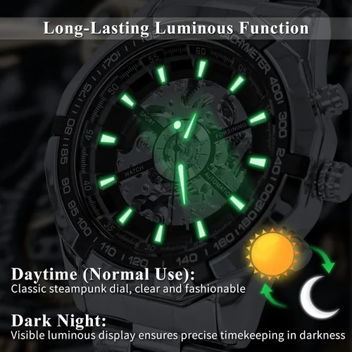 Vista 7 de Gute Relojes para hombre, esqueleto mecánico, de acero inoxidable, impermeable, automático, reloj de pulsera steampunk con esfera X de lujo