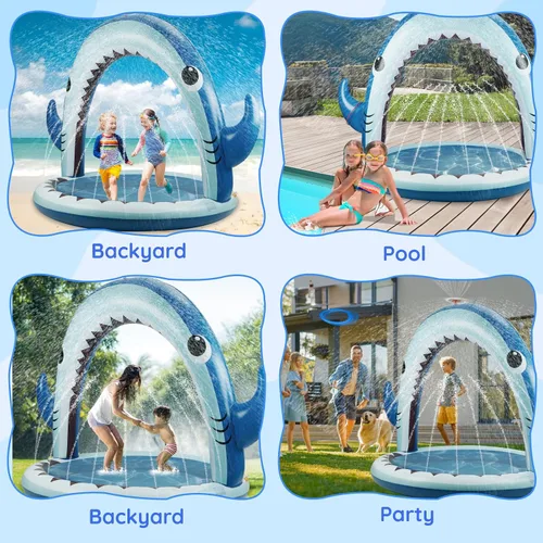 Vista 7 de Gleamkid Aspersor de tiburón gigante para niños, juguetes inflables de agua con rociador de 360°, 4 anillos de lanzamiento de plástico, juego