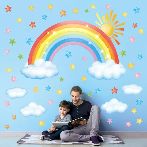 Vista 2 de DECOWALL Rainbow Sun Nubes Estrellas Pared Pegatinas Calcomanías Nursery