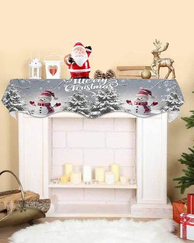 Vista 2 de Bufanda de Navidad gris para chimenea, muñeco de nieve gris para chimenea, decoración de mantel de Navidad con copo de nieve de invierno, cubierta