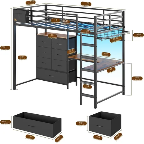 Vista 2 de DICTAC Cama alta individual con escritorio en forma de L y 7 cajones de almacenamiento, cama alta de metal tamaño individual para niños con luces