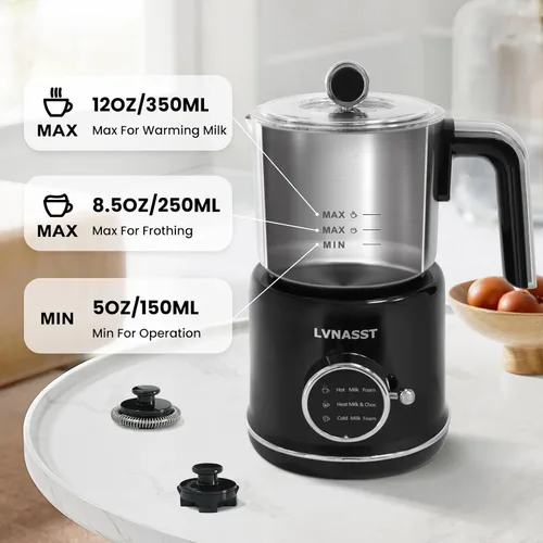 Vista 5 de Espumador de Leche Calentador 3 en 1 Vaporizador de Leche Eléctrico de Acero Inoxidable Hacedor de Espuma, 12oz Espumado Caliente y Frío, Espuma