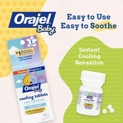 Vista 2 de Orajel Tabletas refrescantes para bebés para dentición con vitamina D, 100 tabletas de disolución rápida, color blanco